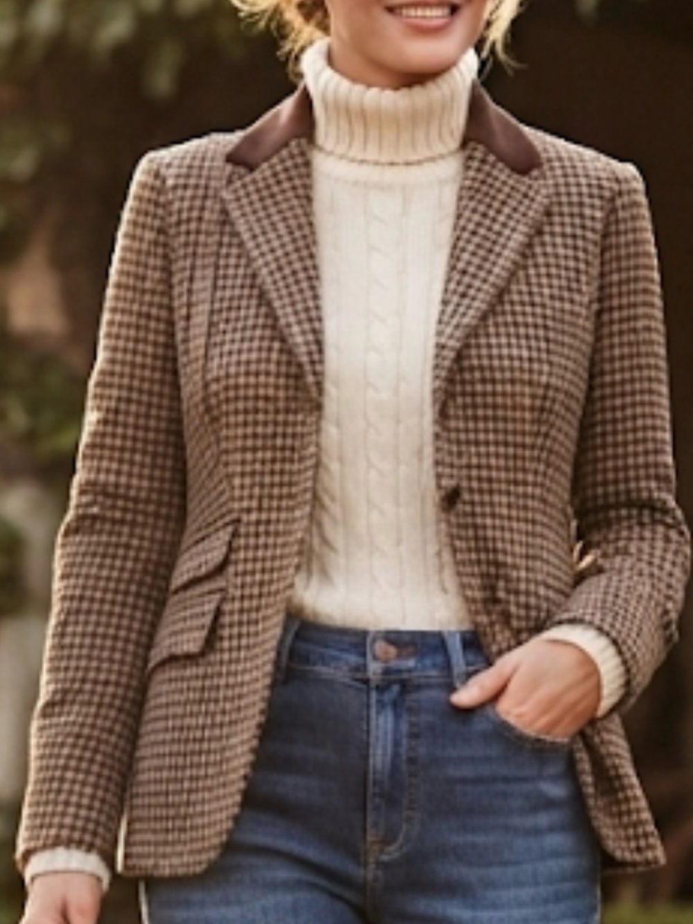 Lauren Ralph Lauren 100% Wool Houndstooth Blazer Suede Collar Size 8 Equestrian